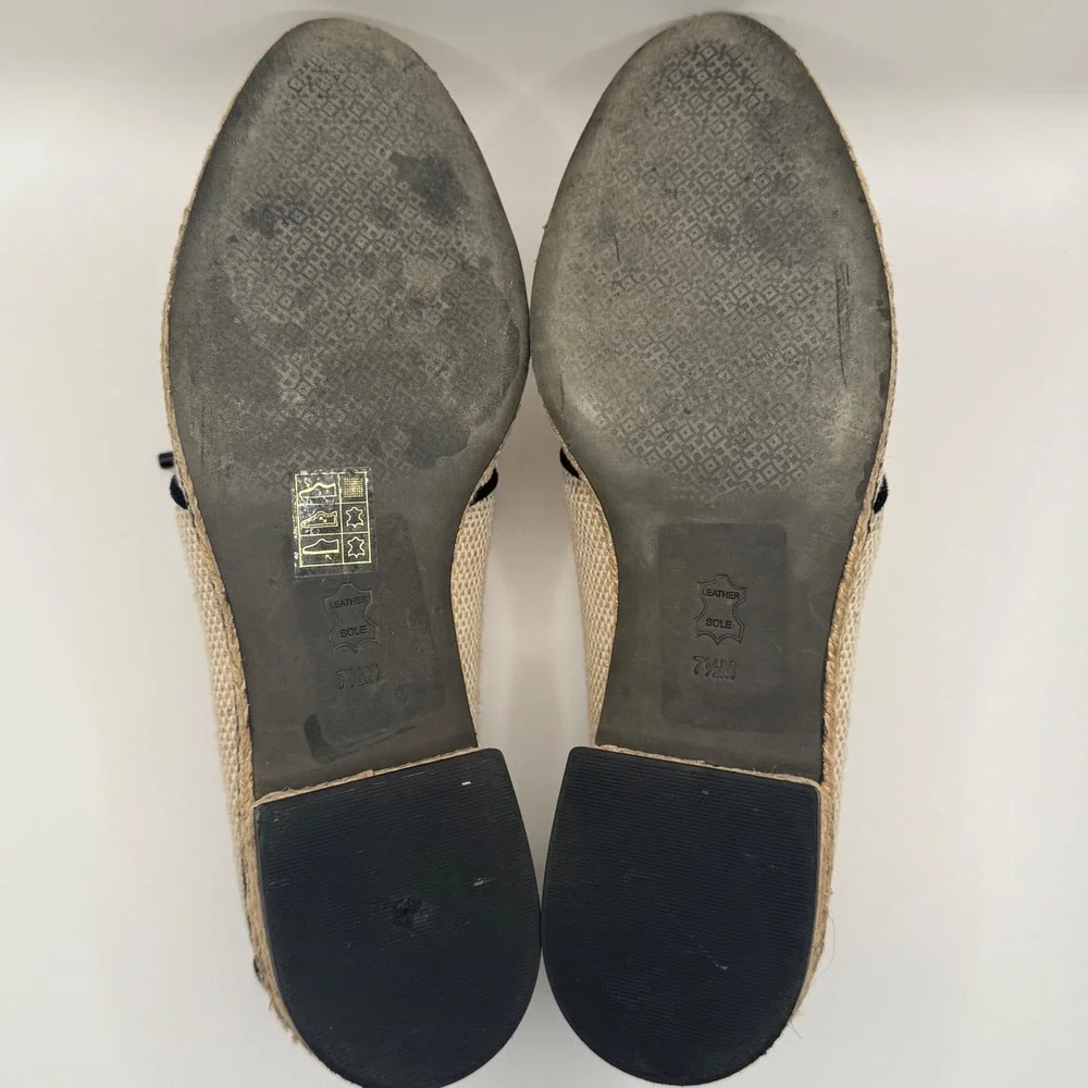 Tory Burch Beige Woven Espadrille Oxford Lace Up Flats Black Trim Women's 7.5M